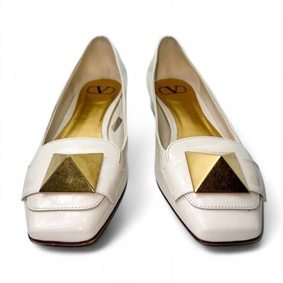 VALENTINO GARAVANI Cream Patent Leather One Gold Stud Ballet Flats Size … - Picture 7 of 15